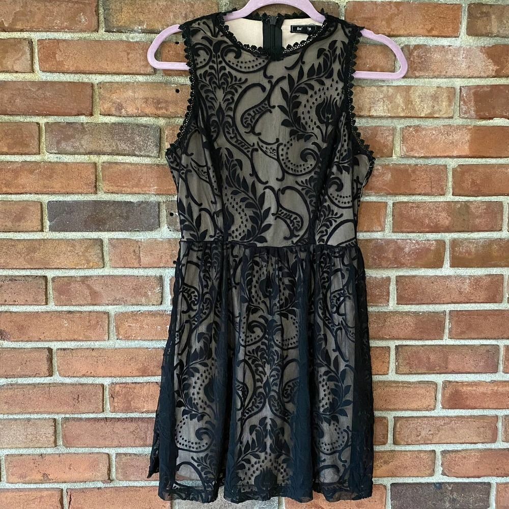 Soieblu Black and Nude Velvet Mesh Overlay Dress Small